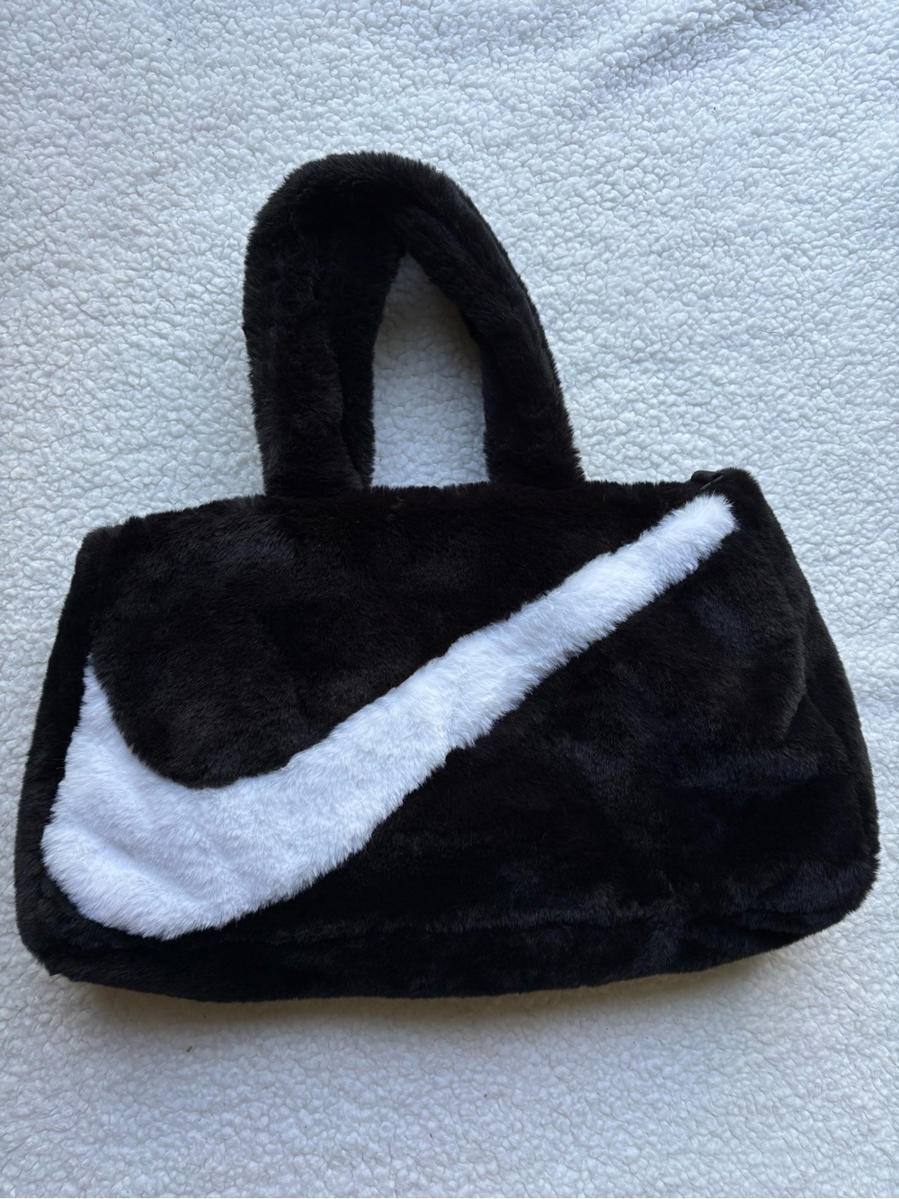 Nike Black and White Faux Fur Tote Bag with Logo Swoosh